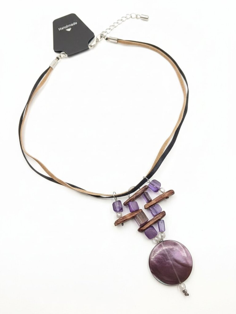 CREATION - Short Necklace - Violet pendant - black & brown ribbons